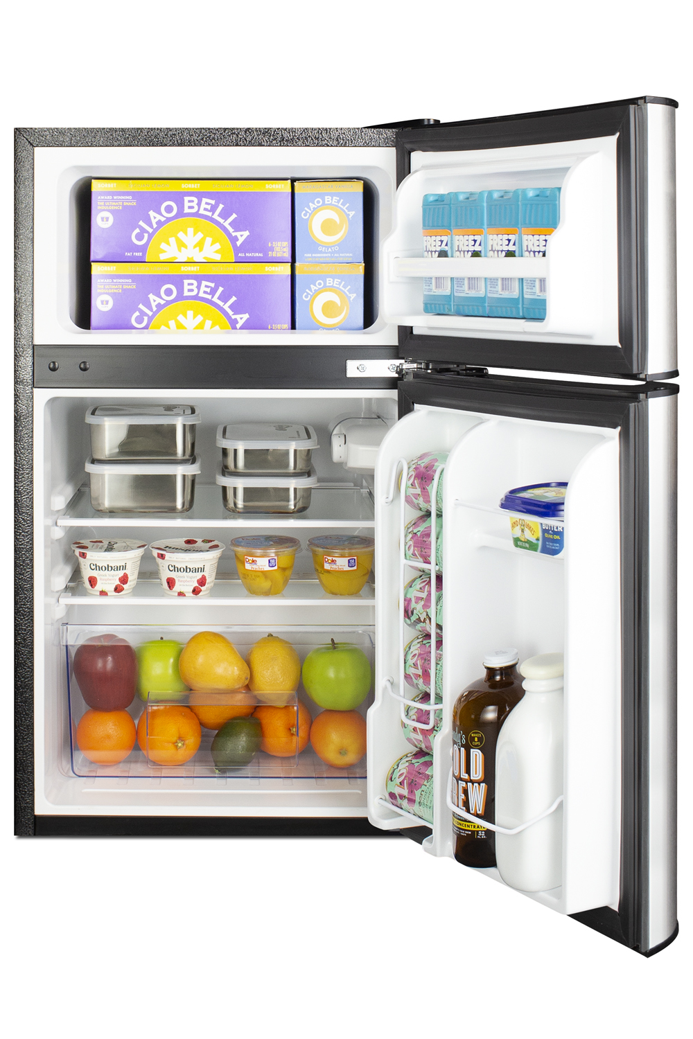 ENERGY STAR certified counter height 2-door refrigerator-freezer with stainless steel doors and black cabinet